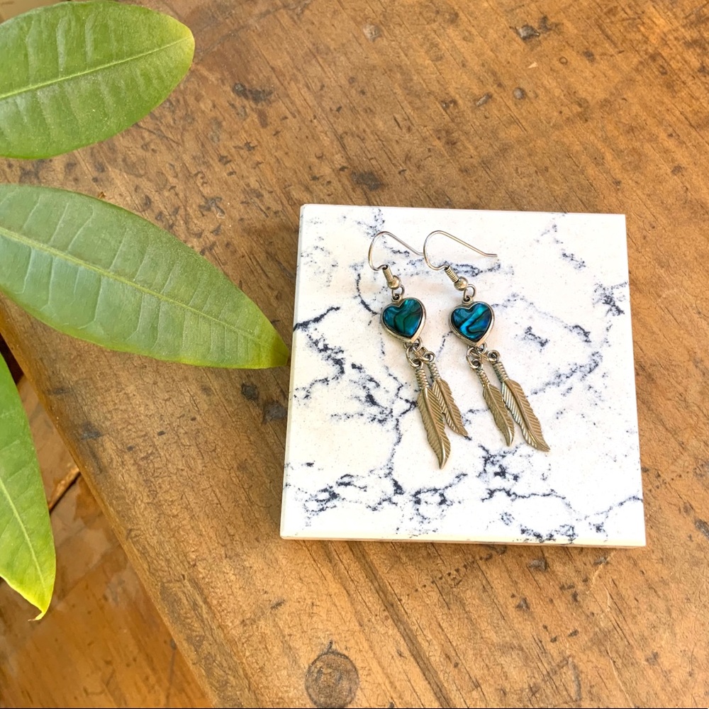 Dangly Feather Earrings with Abalone Heart
